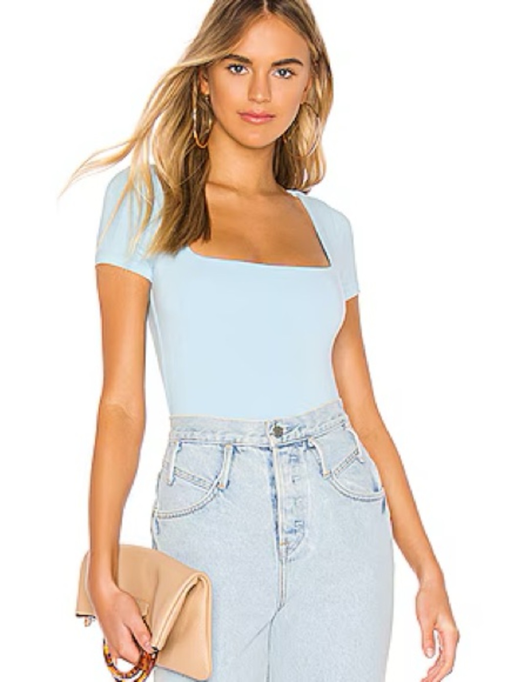 superdown Pastel Blue Square Neck Short Sleeve Bodysuit